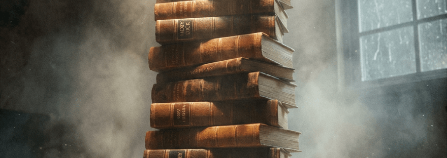 Stack of vintage leather-bound books, including Wuthering Heights, illuminated by a spotlight in mist.