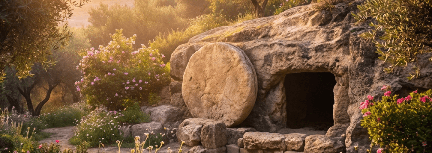 An open stone tomb with the stone rolled aside in a flower-filled garden at sunrise.