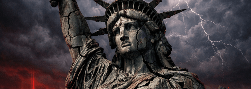 Cracked Statue of Liberty holding torch with flame and tablet, stormy sky with lightning and red city skyline in background