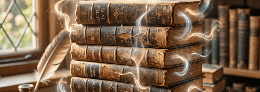 Stack of old leather-bound books emitting glowing magical swirls on wooden desk