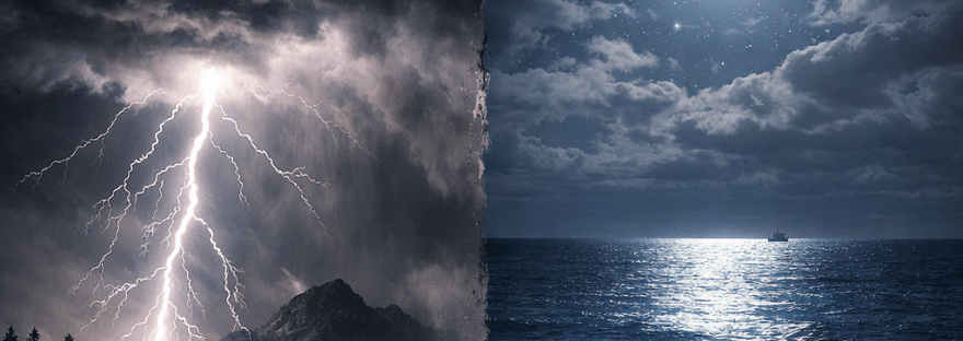 A split landscape showing a violent lightning storm over a dark forest on the left and a calm, moonlit ocean with glowing bioluminescent waves on the right, symbolizing the storm and tide themes of POX III and Sea Story.