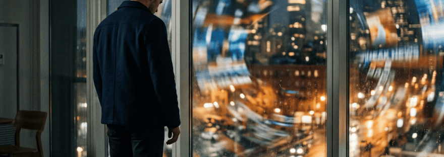 Person standing before windows overlooking blurred city lights at night